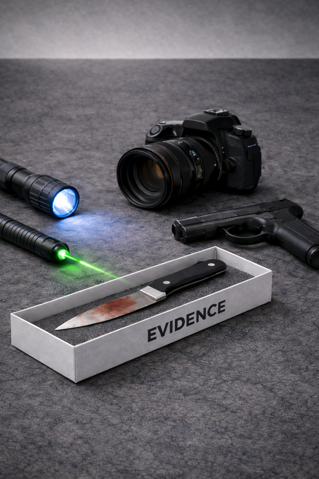 Camera, knife, firearm, and laser setup used in crime scene investigation training