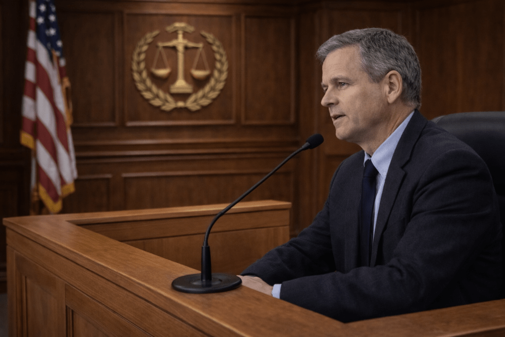 Forensic expert witness testifying from the witness stand in a courtroom