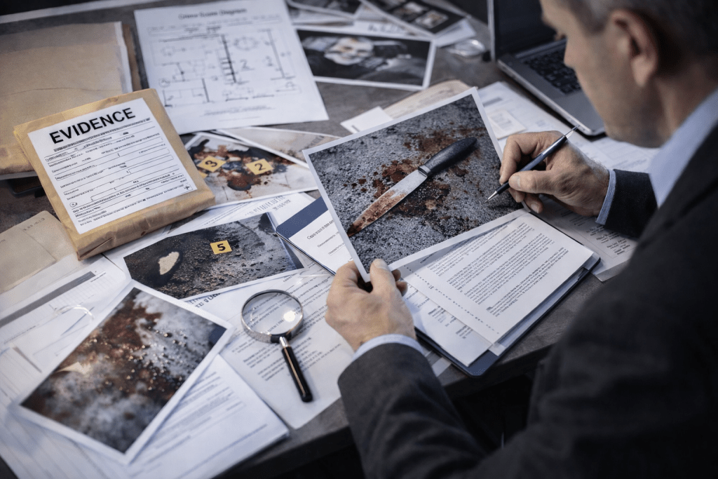 Crime scene consultant reviewing case photos, reports, and evidence documents at a desk